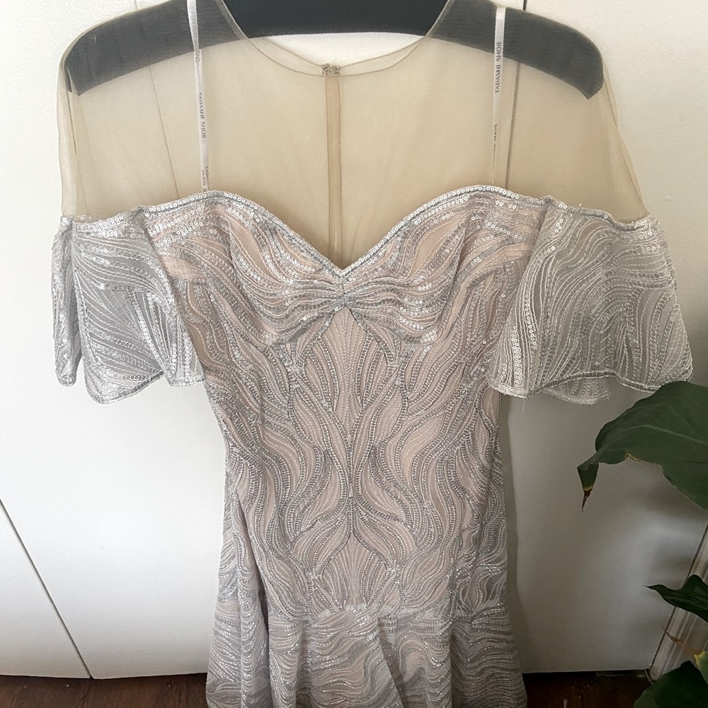 Tadashi Shoji Nerilla Sequin off the shoulder illusion dress